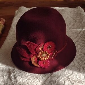 August Hats Burgundy Cloche with Floral Detail